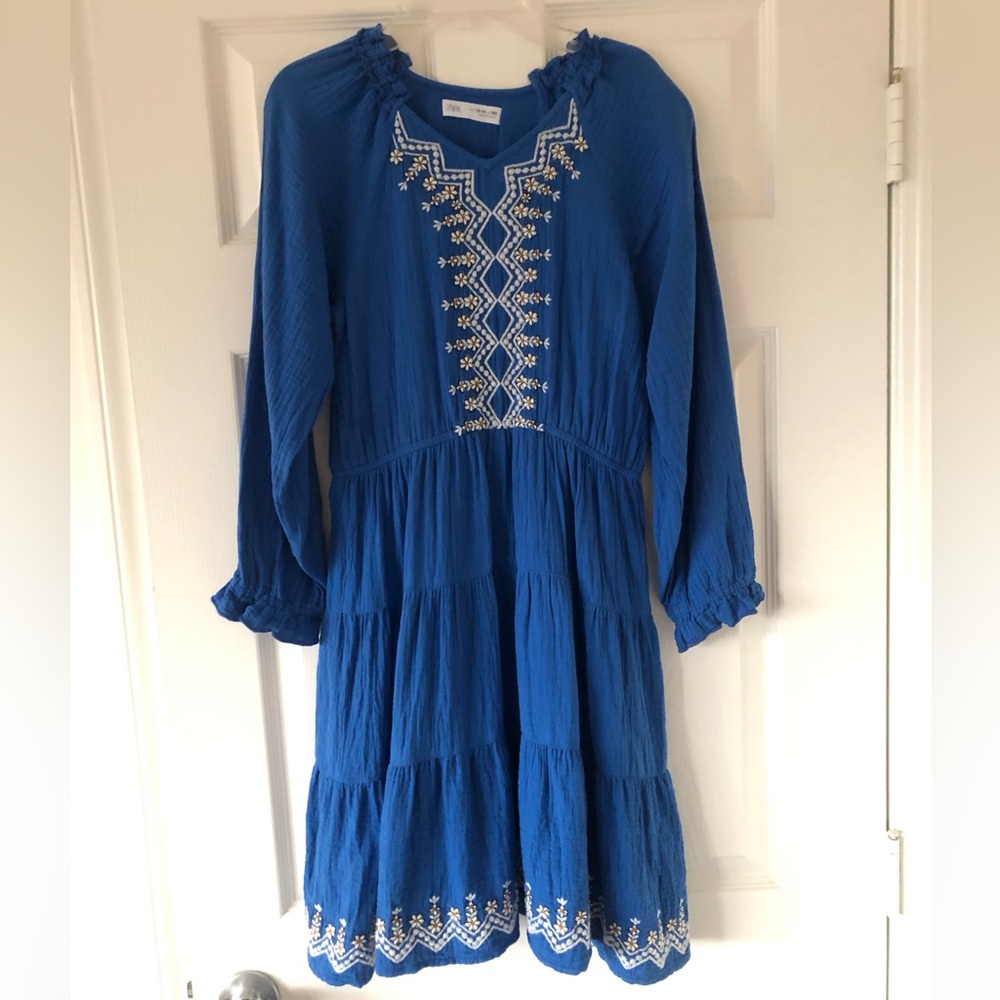 Zara Royal Blue Indigo Muslin Boho Embroidered Tiered Dress